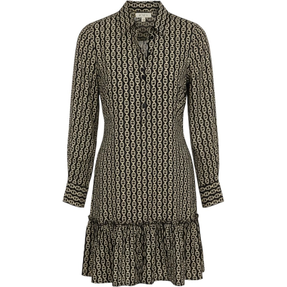 J.Crew Black Cream Chain Link Print Ruffle Hem Shift Dress Sz M Pockets Career
